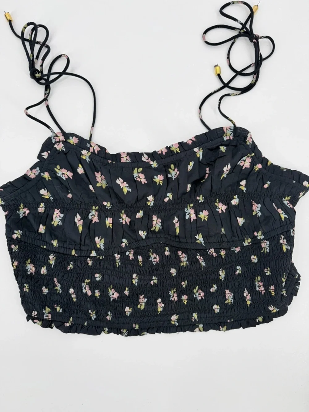 Free People Kaia Smocked Adjustable Strap  Cropped Tank Top Boho Floral Print